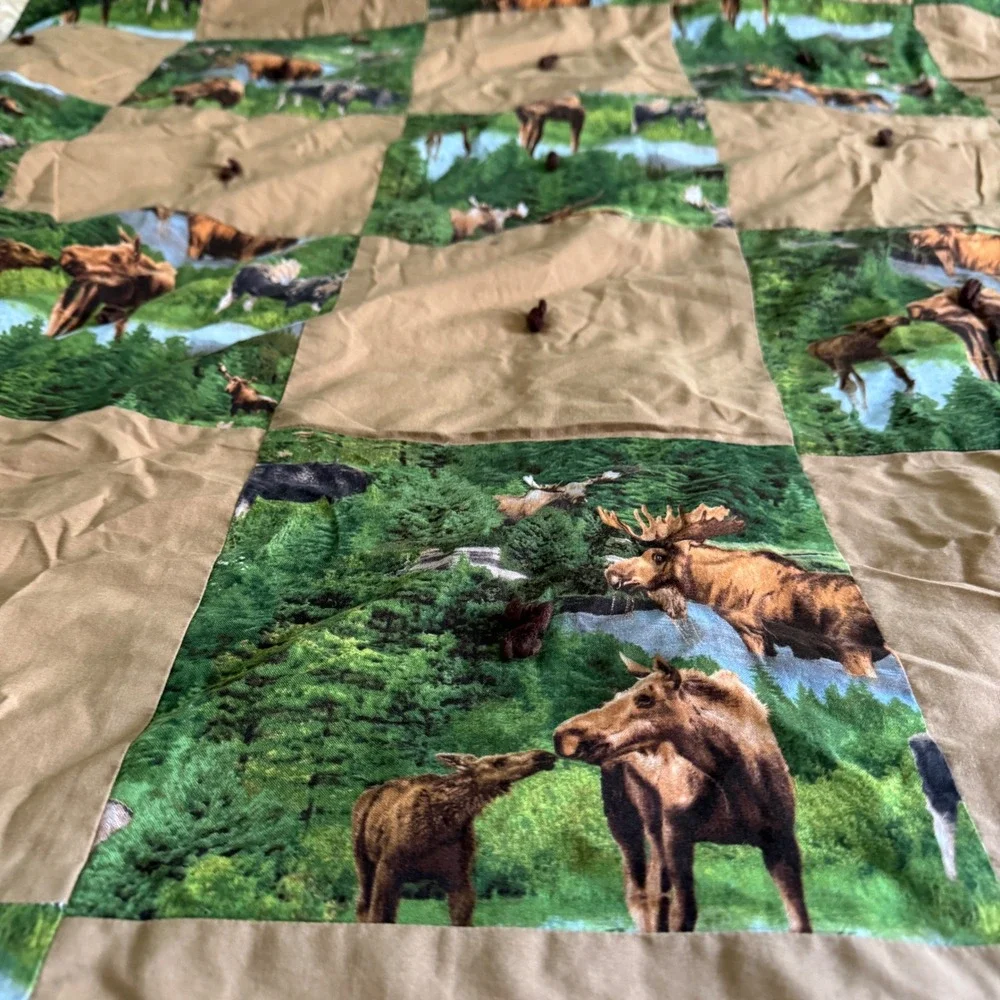 Handmade Vintage Moose Patchwork Quilt Blanket Brown Green Rustic Cabin Lodge